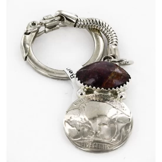 Vintage Style OLD Buffalo Coin Certified Authentic Navajo .925 Sterling Silver Natural Purple Spiny Oyster Native American Keychain 10336-5 Vintage Style OLD Buffalo Coin Certified Authentic Navajo .925 Sterling Silver Natural Purple Spiny Oyster Native American Keychain 10336-5