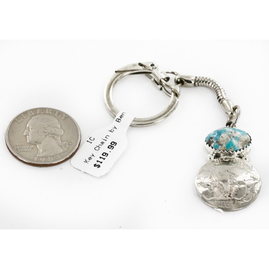 Vintage Style OLD Buffalo Coin Certified Authentic Navajo .925 Sterling Silver Natural Turquoise Native American Keychain 10336-4