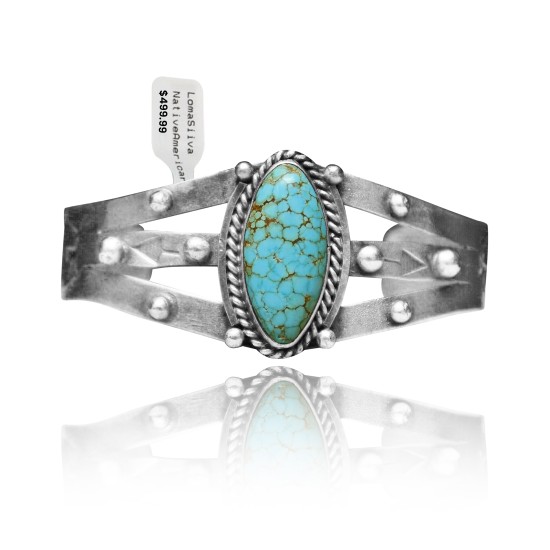 Dotted .925 Sterling Silver Certified Authentic Navajo Native American Natural Turquoise Cuff Bracelet 32124 All Products NB15122312971 32124 (by LomaSiiva)