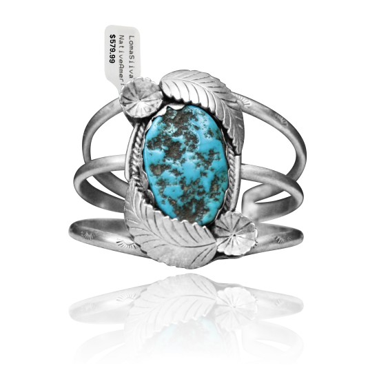 Double Feather with Flower .925 Sterling Silver Certified Authentic Navajo Native American Natural Turquoise Cuff Bracelet 32137 All Products NB15122312984 32137 (by LomaSiiva)