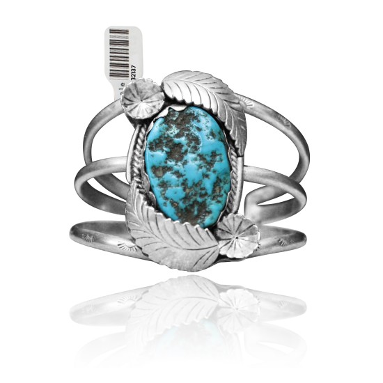 Double Feather with Flower .925 Sterling Silver Certified Authentic Navajo Native American Natural Turquoise Cuff Bracelet 32137 All Products NB15122312984 32137 (by LomaSiiva)