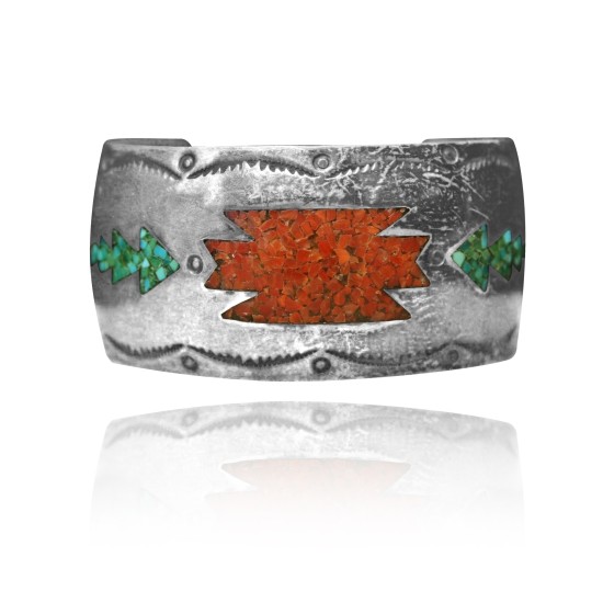 Wide Chip Inlay .925 Sterling Silver Certified Authentic Navajo Native American Natural Turquoise, Coral Cuff Bracelet 32149 All Products NB15122312996 32149 (by LomaSiiva)