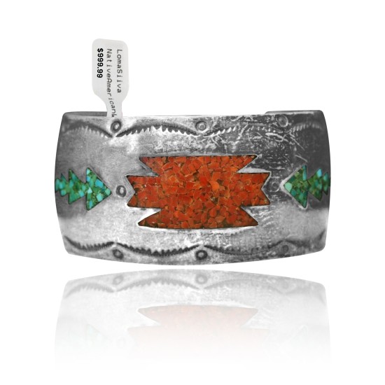 Wide Chip Inlay .925 Sterling Silver Certified Authentic Navajo Native American Natural Turquoise, Coral Cuff Bracelet 32149 All Products NB15122312996 32149 (by LomaSiiva)