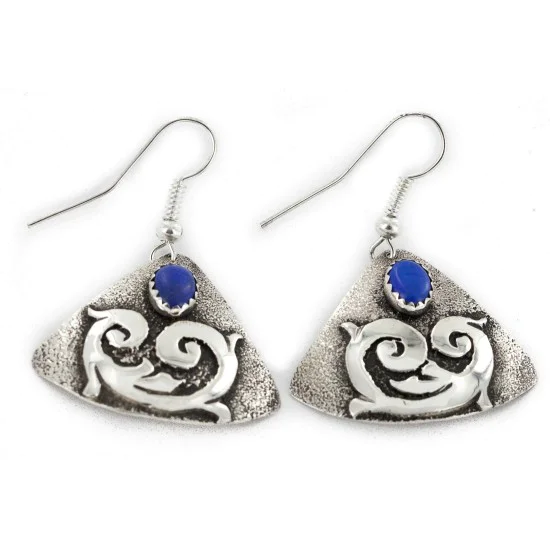 .925 Sterling Silver Handmade Certified Authentic Navajo Natural Lapis Dangle Native American Earrings 24439-3