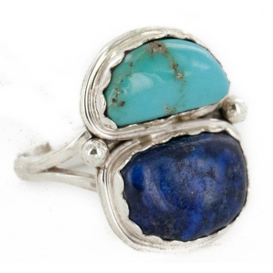 .925 Sterling Silver Handmade Certified Authentic Navajo Natural Turquoise and Lapis Native American Ring 17002-12 .925 Sterling Silver Handmade Certified Authentic Navajo Natural Turquoise and Lapis Native American Ring 17002-12