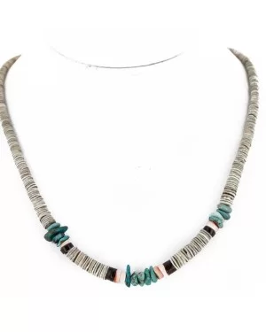 Certified Authentic Navajo .925 Sterling Silver Graduated Melon Shell and Turquoise Native American Necklace 16051-2 Certified Authentic Navajo .925 Sterling Silver Graduated Melon Shell and Turquoise Native American Necklace 16051-2