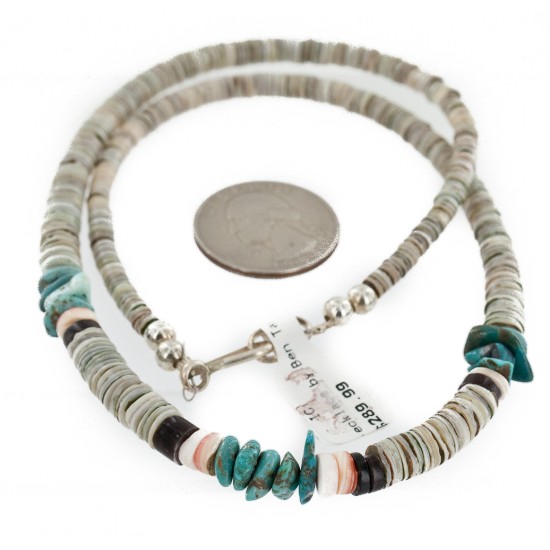 Certified Authentic Navajo .925 Sterling Silver Graduated Melon Shell and Turquoise Native American Necklace 16051-2 Certified Authentic Navajo .925 Sterling Silver Graduated Melon Shell and Turquoise Native American Necklace 16051-2