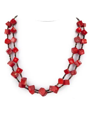 Hand made Certified Authentic 2 Strand Navajo .925 Sterling Silver Natural Coral Native American Necklace 25254