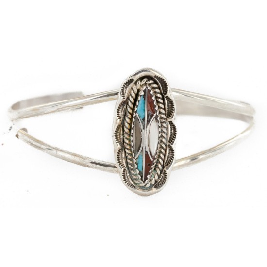 Handmade Certified Authentic Navajo .925 Sterling Silver Natural Turquoise Coral Mother of Pearl Inlay Native American Bracelet 12827-2 Handmade Certified Authentic Navajo .925 Sterling Silver Natural Turquoise Coral Mother of Pearl Inlay Native American Bracelet 12827-2