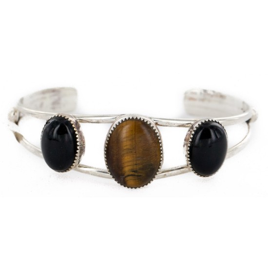 Handmade Certified Authentic Navajo .925 Sterling Silver Natural Tigers Eye Black Onyx Native American Bracelet 12820-0 Handmade Certified Authentic Navajo .925 Sterling Silver Natural Tigers Eye Black Onyx Native American Bracelet 12820-0