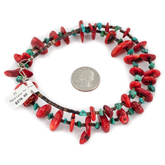Certified Authentic Navajo .925 Sterling Silver Coral and Natural Turquoise Native American Necklace 15825-1