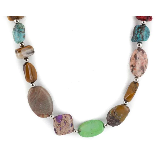 Certified Authentic Navajo .925 Sterling Silver Natural Turquoise and Multicolor Stones Native American Necklace 15215-5