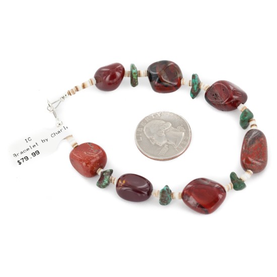 Certified Authentic Navajo .925 Sterling Silver Natural Turquoise and Red Jasper Native American Bracelet 13020-2