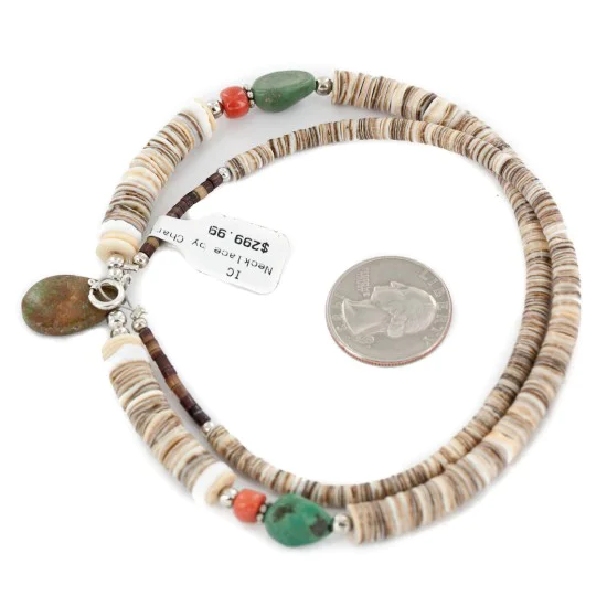 Certified Authentic Drop Navajo .925 Sterling Silver Natural Turquoise Coral Graduated Heishi Native American Necklace 15958-11 Certified Authentic Drop Navajo .925 Sterling Silver Natural Turquoise Coral Graduated Heishi Native American Necklace 15958-11
