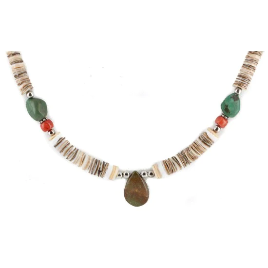 Certified Authentic Drop Navajo .925 Sterling Silver Natural Turquoise Coral Graduated Heishi Native American Necklace 15958-11 Certified Authentic Drop Navajo .925 Sterling Silver Natural Turquoise Coral Graduated Heishi Native American Necklace 15958-11