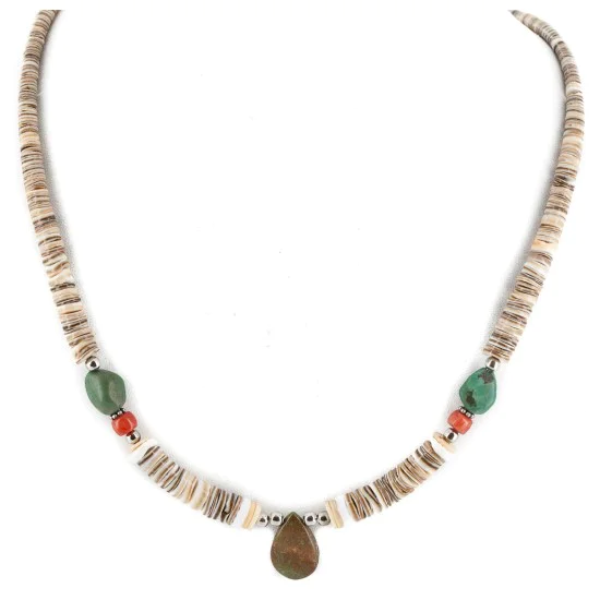 Certified Authentic Drop Navajo .925 Sterling Silver Natural Turquoise Coral Graduated Heishi Native American Necklace 15958-11 Certified Authentic Drop Navajo .925 Sterling Silver Natural Turquoise Coral Graduated Heishi Native American Necklace 15958-11