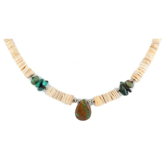 Certified Authentic Drop Navajo .925 Sterling Silver Natural Turquoise Graduated Melon Shell Native American Necklace 15632-48 Certified Authentic Drop Navajo .925 Sterling Silver Natural Turquoise Graduated Melon Shell Native American Necklace 15632-48