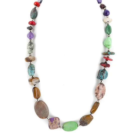 Certified Authentic Navajo .925 Sterling Silver Natural Turquoise and Multicolor Stones Native American Necklace 15215-5