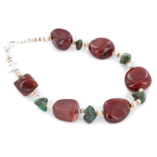 Certified Authentic Navajo .925 Sterling Silver Natural Turquoise and Red Jasper Native American Bracelet 13020-1 Certified Authentic Navajo .925 Sterling Silver Natural Turquoise and Red Jasper Native American Bracelet 13020-1
