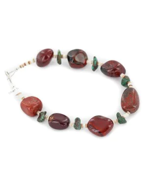 Certified Authentic Navajo .925 Sterling Silver Natural Turquoise and Red Jasper Native American Bracelet 13020-2