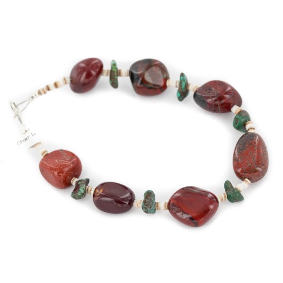Certified Authentic Navajo .925 Sterling Silver Natural Turquoise and Red Jasper Native American Bracelet 13020-2