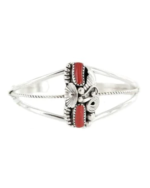 Handmade Certified Authentic Navajo .925 Sterling Silver Coral Native American Bracelet 13022
