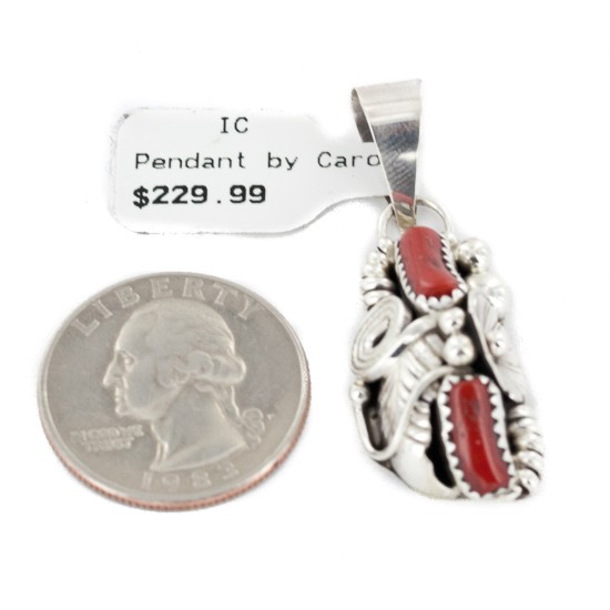 Handmade Certified Authentic Navajo .925 Sterling Silver Coral Native American Pendant 26211-2