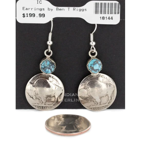 Vintage Style OLD Buffalo Nickel Coin Certified Authentic Navajo .925 Sterling Silver Natural Turquoise Dangle Earrings 18144