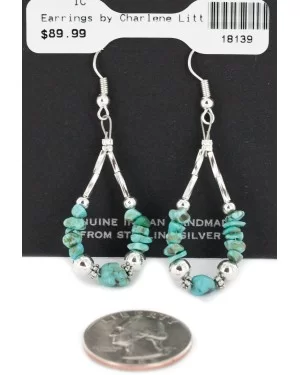 Certified Authentic .925 Sterling Silver Hooks Dangle Natural Turquoise Hoop Native American Earrings 18139