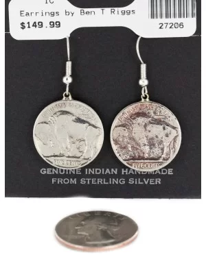 Vintage Style OLD Rusted Buffalo Nickel Coin Certified Authentic Navajo .925 Sterling Silver Dangle Earrings 27206