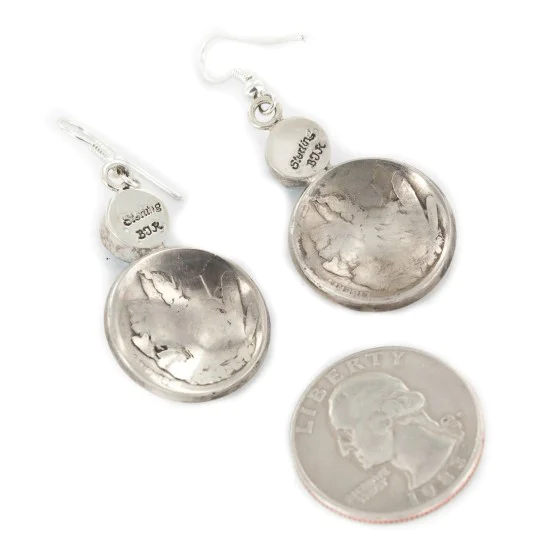 Vintage Style OLD Buffalo Nickel Coin Certified Authentic Navajo .925 Sterling Silver Natural Turquoise Dangle Earrings 18144