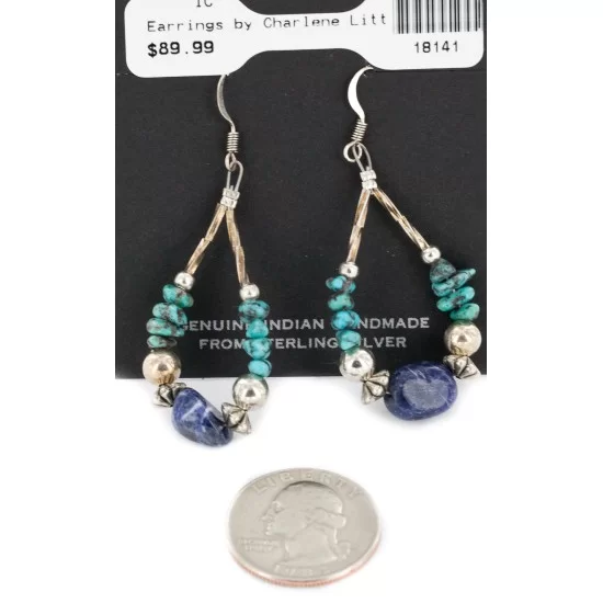 Certified Authentic .925 Sterling Silver Hooks Dangle Natural Turquoise Lapis Hoop Native American Earrings 18141
