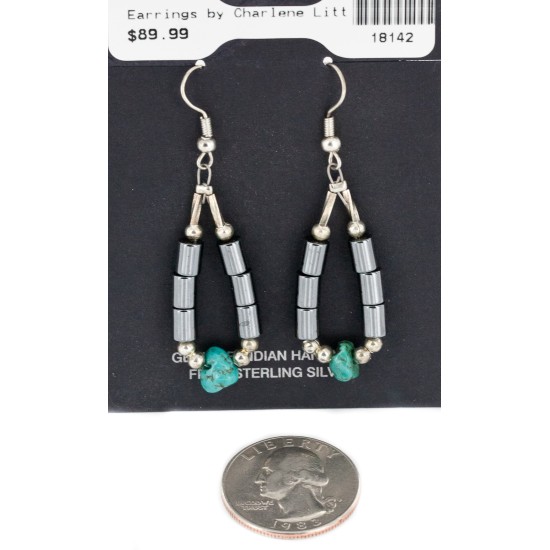 Certified Authentic .925 Sterling Silver Hooks Dangle Natural Turquoise Hematite Hoop Native American Earrings  18142 All Products NB160117031009 18142 (by LomaSiiva)