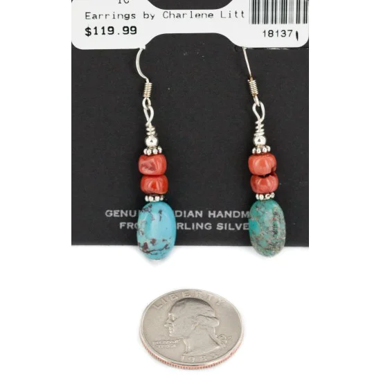 Certified Authentic .925 Sterling Silver Hooks Dangle Natural Turquoise Coral Native American Earrings 18137-1 Certified Authentic .925 Sterling Silver Hooks Dangle Natural Turquoise Coral Native American Earrings 18137-1