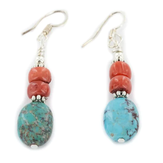 Certified Authentic .925 Sterling Silver Hooks Dangle Natural Turquoise Coral Native American Earrings 18137-1 Certified Authentic .925 Sterling Silver Hooks Dangle Natural Turquoise Coral Native American Earrings 18137-1