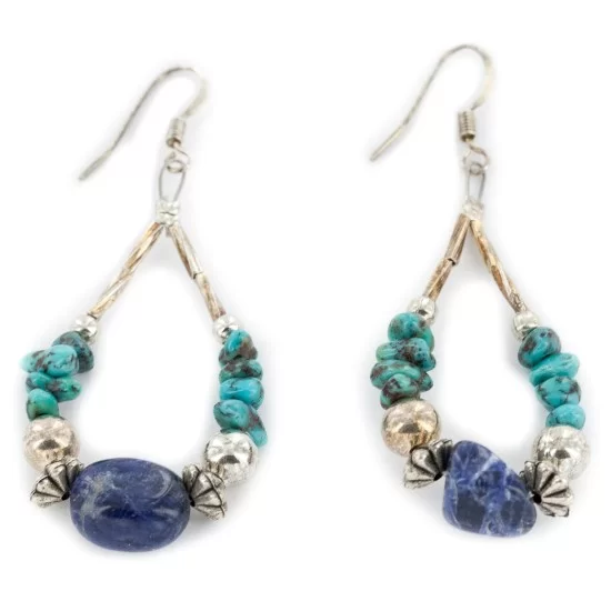 Certified Authentic .925 Sterling Silver Hooks Dangle Natural Turquoise Lapis Hoop Native American Earrings 18141