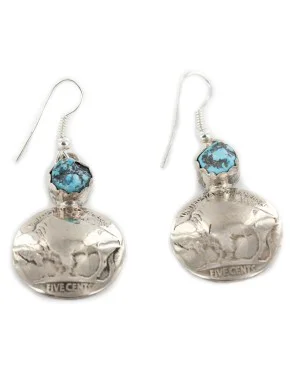 Vintage Style OLD Buffalo Nickel Coin Certified Authentic Navajo .925 Sterling Silver Natural Turquoise Dangle Earrings 18144