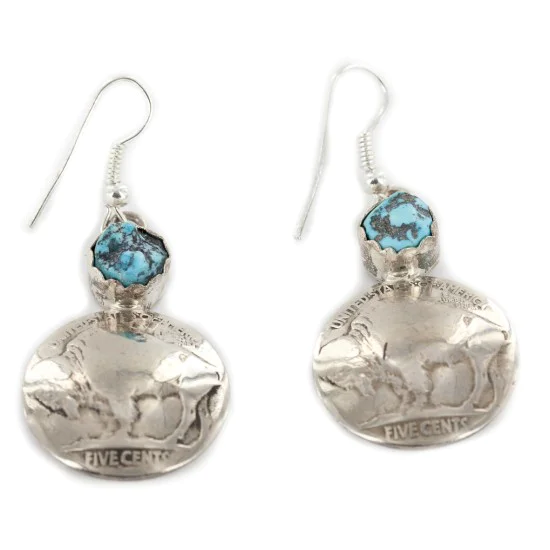 Vintage Style OLD Buffalo Nickel Coin Certified Authentic Navajo .925 Sterling Silver Natural Turquoise Dangle Earrings 18144