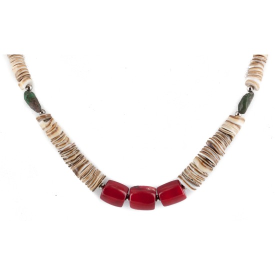 Certified Authentic .925 Sterling Silver Navajo Coral Natural Graduated Heishi Turquoise Native American Necklace 17083-09 Certified Authentic .925 Sterling Silver Navajo Coral Natural Graduated Heishi Turquoise Native American Necklace 17083-09