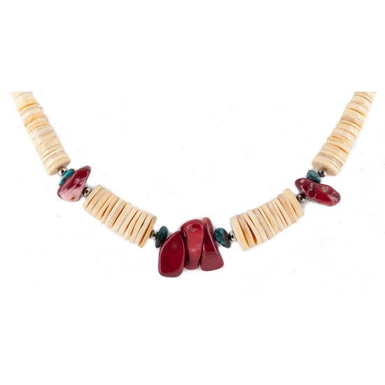 Certified Authentic .925 Sterling Silver Navajo Coral and Natural Turquoise Graduated Melon Shell Native American Necklace 15624-40 Certified Authentic .925 Sterling Silver Navajo Coral and Natural Turquoise Graduated Melon Shell Native American Necklace 15624-40