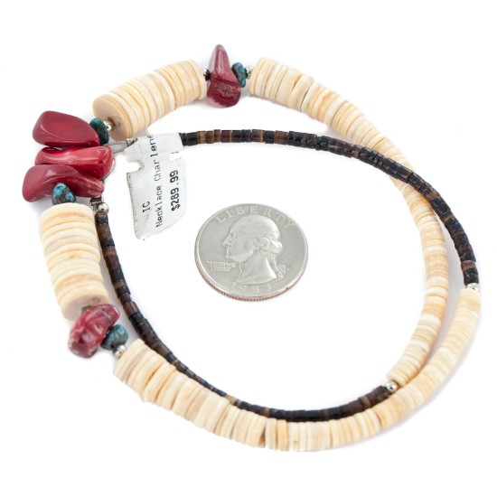 Certified Authentic .925 Sterling Silver Navajo Coral and Natural Turquoise Graduated Melon Shell Native American Necklace 15624-40 Certified Authentic .925 Sterling Silver Navajo Coral and Natural Turquoise Graduated Melon Shell Native American Necklace 15624-40