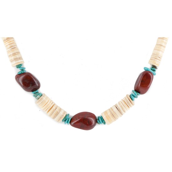 Certified Authentic Navajo .925 Sterling Silver Natural Turquoise Graduated Melon Shell and Red Jasper Native American Necklace 25235-3 Certified Authentic Navajo .925 Sterling Silver Natural Turquoise Graduated Melon Shell and Red Jasper Native American Necklace 25235-3