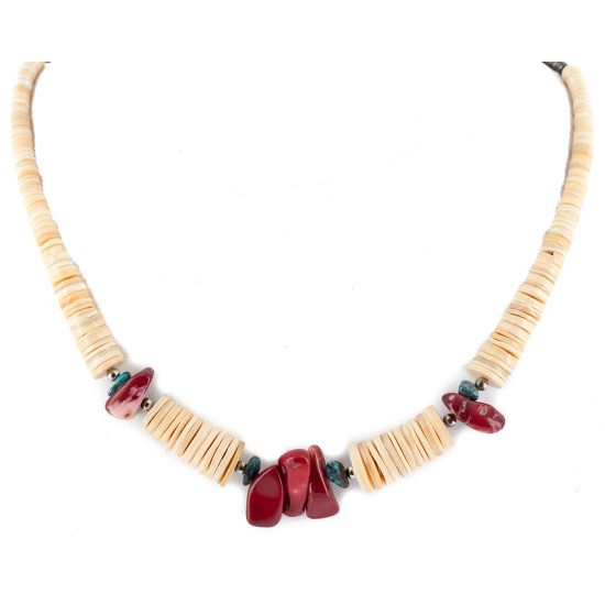 Certified Authentic .925 Sterling Silver Navajo Coral and Natural Turquoise Graduated Melon Shell Native American Necklace 15624-40 Certified Authentic .925 Sterling Silver Navajo Coral and Natural Turquoise Graduated Melon Shell Native American Necklace 15624-40