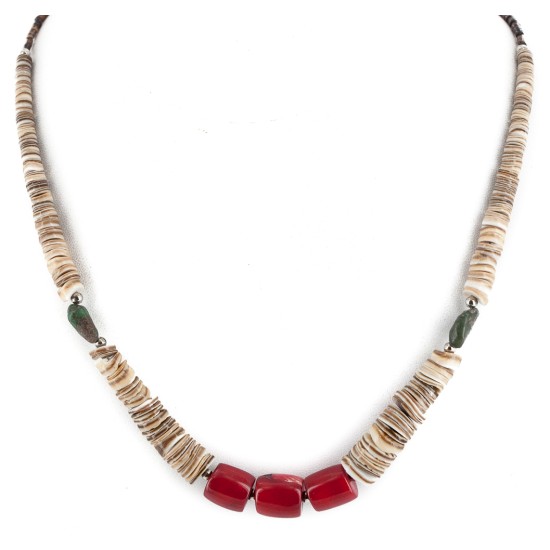 Certified Authentic .925 Sterling Silver Navajo Coral Natural Graduated Heishi Turquoise Native American Necklace 17083-09 Certified Authentic .925 Sterling Silver Navajo Coral Natural Graduated Heishi Turquoise Native American Necklace 17083-09
