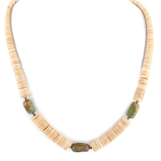 Certified Authentic .925 Sterling Silver Navajo Natural Graduated Melon Shell Turquoise Native American Necklace 18108-75