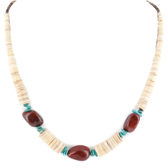 Certified Authentic Navajo .925 Sterling Silver Natural Turquoise Graduated Melon Shell and Red Jasper Native American Necklace 25235-3 Certified Authentic Navajo .925 Sterling Silver Natural Turquoise Graduated Melon Shell and Red Jasper Native American Necklace 25235-3