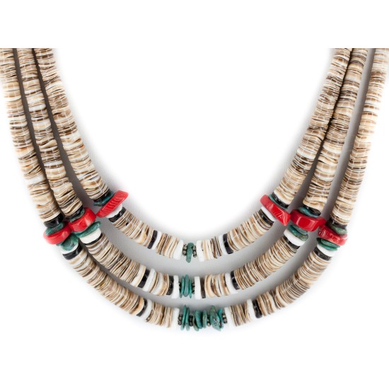 Certified Authentic 3 Strand Navajo .925 Sterling Silver Natural Turquoise Coral Graduated Heishi Native American Necklace 15931-1 Certified Authentic 3 Strand Navajo .925 Sterling Silver Natural Turquoise Coral Graduated Heishi Native American Necklace 15931-1