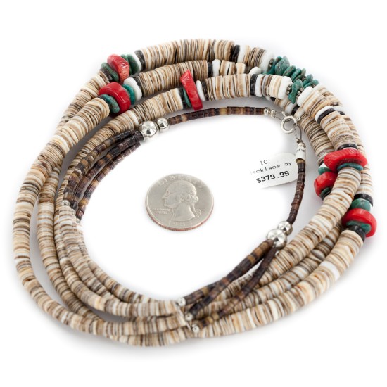 Certified Authentic 3 Strand Navajo .925 Sterling Silver Natural Turquoise Coral Graduated Heishi Native American Necklace 15931-1 Certified Authentic 3 Strand Navajo .925 Sterling Silver Natural Turquoise Coral Graduated Heishi Native American Necklace 15931-1