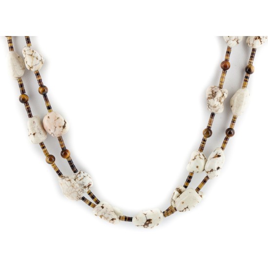 Certified Authentic 2 Strand Navajo .925 Sterling Silver White Howlite Tigers Eye Native American Necklace 17047-3