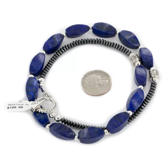 Certified Authentic Navajo Nickel Natural Lapis Lazuli Hematite Native American Necklace 25320-1